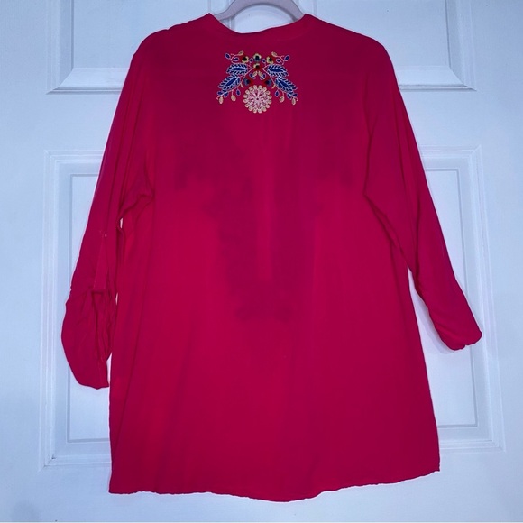 Luna Moon Hot Pink Embroidered Floral Tab Sleeve Tunic Top Size Large NWOT - Picture 5 of 9